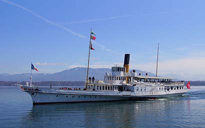 The belle epoque paddle steamboat Le Vevey plies the waters of Lake Geneva
