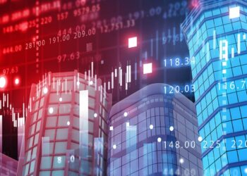 Candlesticks chart overlaid over office buildings