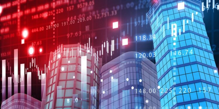 Candlesticks chart overlaid over office buildings