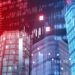 Candlesticks chart overlaid over office buildings