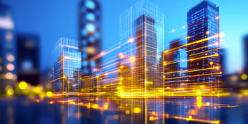 Digital cityscape with illuminated buildings and flowing light trails, representing structured infrastructure and scalable systems supporting growth.